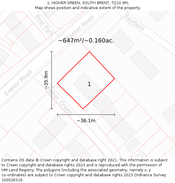 1, HIGHER GREEN, SOUTH BRENT, TQ10 9PL: Plot and title map