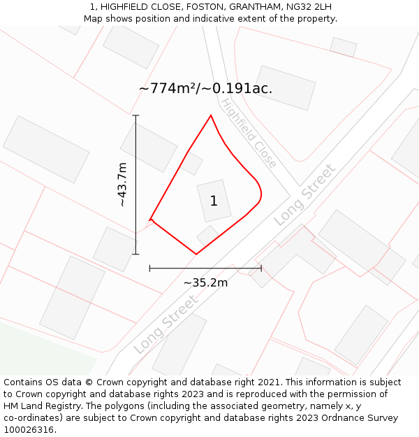 1, HIGHFIELD CLOSE, FOSTON, GRANTHAM, NG32 2LH: Plot and title map