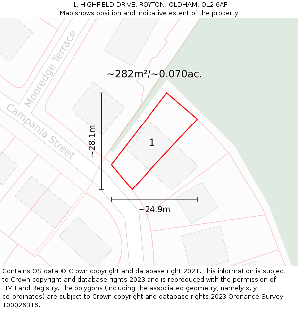 1, HIGHFIELD DRIVE, ROYTON, OLDHAM, OL2 6AF: Plot and title map