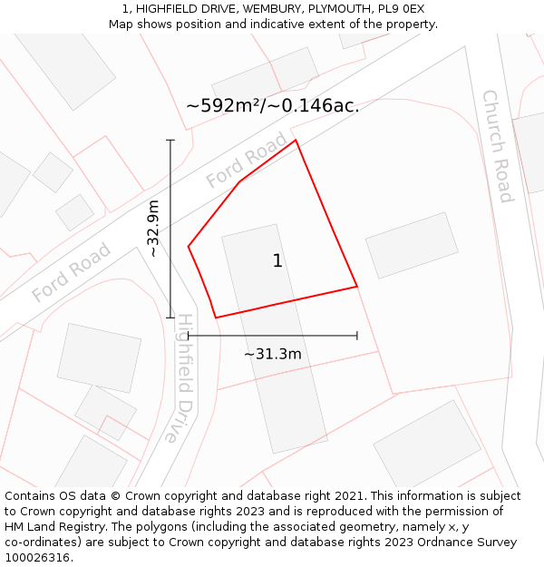 1, HIGHFIELD DRIVE, WEMBURY, PLYMOUTH, PL9 0EX: Plot and title map