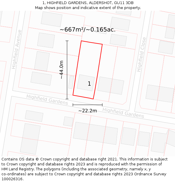 1, HIGHFIELD GARDENS, ALDERSHOT, GU11 3DB: Plot and title map