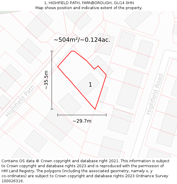 1, HIGHFIELD PATH, FARNBOROUGH, GU14 0HN: Plot and title map