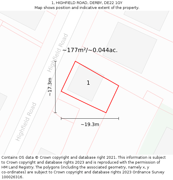 1, HIGHFIELD ROAD, DERBY, DE22 1GY: Plot and title map