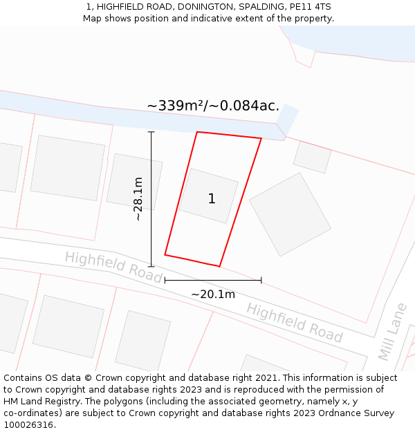 1, HIGHFIELD ROAD, DONINGTON, SPALDING, PE11 4TS: Plot and title map