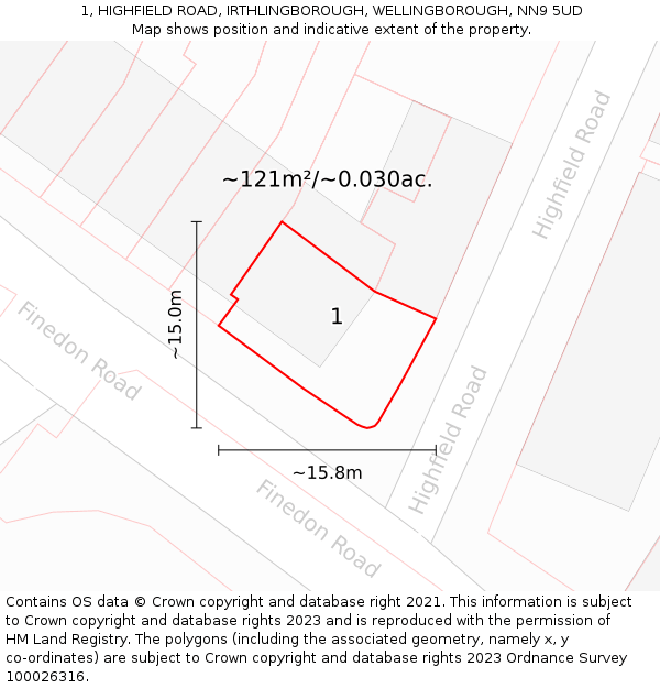 1, HIGHFIELD ROAD, IRTHLINGBOROUGH, WELLINGBOROUGH, NN9 5UD: Plot and title map