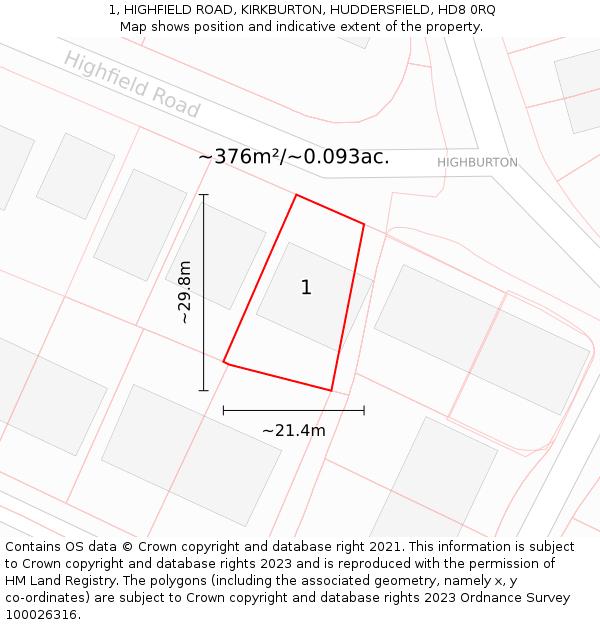 1, HIGHFIELD ROAD, KIRKBURTON, HUDDERSFIELD, HD8 0RQ: Plot and title map