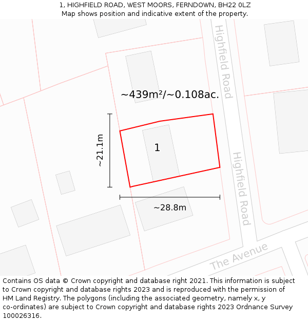 1, HIGHFIELD ROAD, WEST MOORS, FERNDOWN, BH22 0LZ: Plot and title map