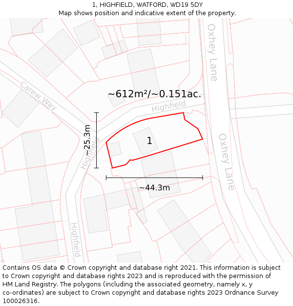 1, HIGHFIELD, WATFORD, WD19 5DY: Plot and title map