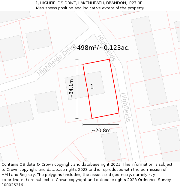 1, HIGHFIELDS DRIVE, LAKENHEATH, BRANDON, IP27 9EH: Plot and title map