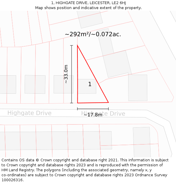 1, HIGHGATE DRIVE, LEICESTER, LE2 6HJ: Plot and title map