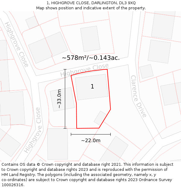 1, HIGHGROVE CLOSE, DARLINGTON, DL3 9XQ: Plot and title map