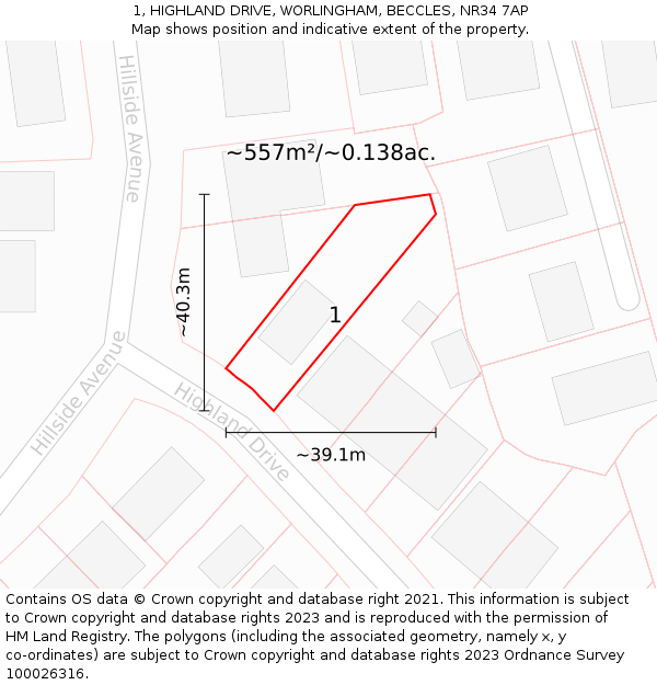 1, HIGHLAND DRIVE, WORLINGHAM, BECCLES, NR34 7AP: Plot and title map