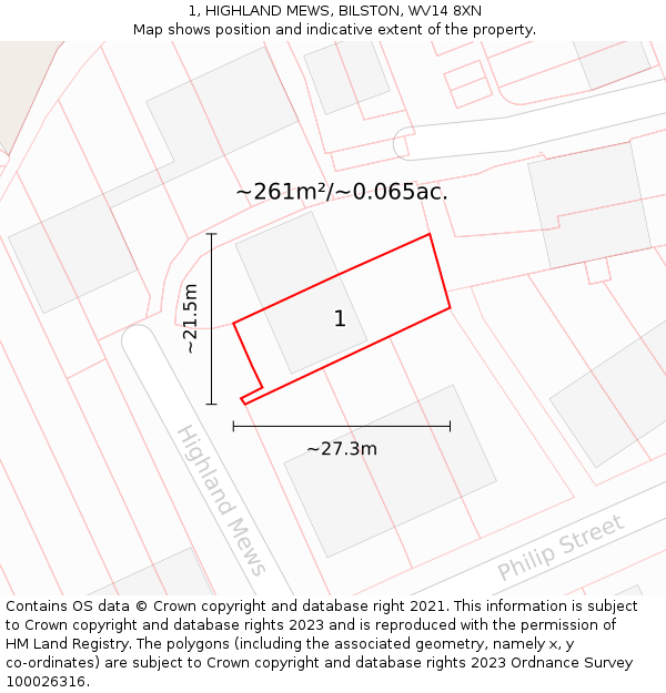 1, HIGHLAND MEWS, BILSTON, WV14 8XN: Plot and title map