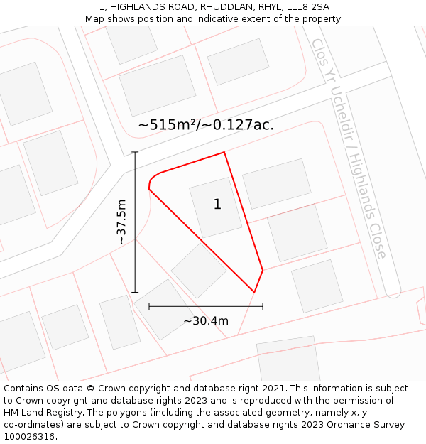 1, HIGHLANDS ROAD, RHUDDLAN, RHYL, LL18 2SA: Plot and title map