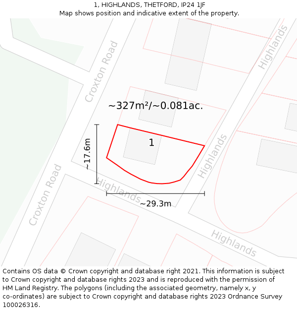 1, HIGHLANDS, THETFORD, IP24 1JF: Plot and title map