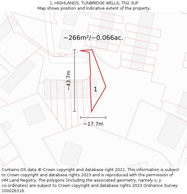 1, HIGHLANDS, TUNBRIDGE WELLS, TN2 3UF: Plot and title map