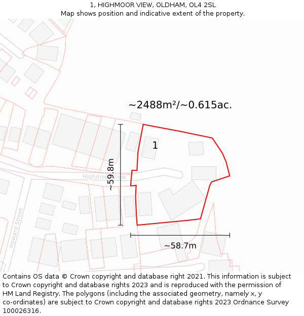 1, HIGHMOOR VIEW, OLDHAM, OL4 2SL: Plot and title map