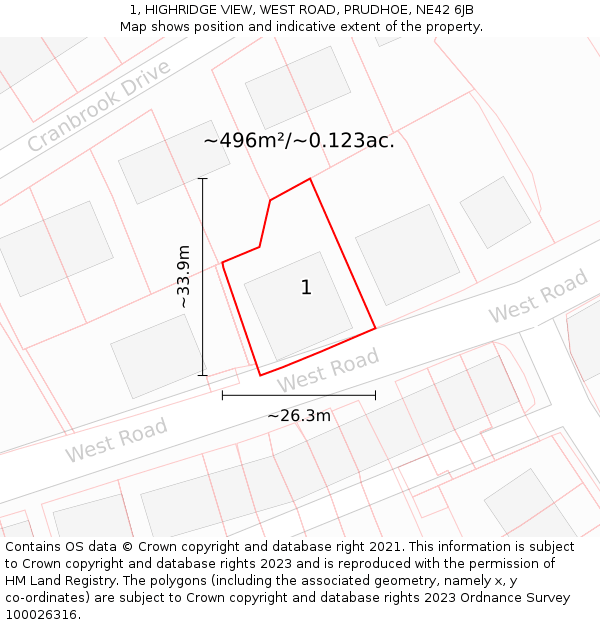 1, HIGHRIDGE VIEW, WEST ROAD, PRUDHOE, NE42 6JB: Plot and title map