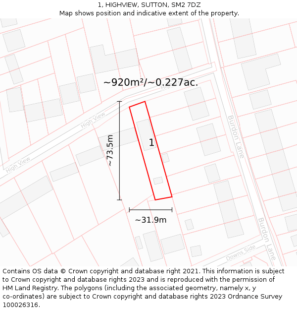 1, HIGHVIEW, SUTTON, SM2 7DZ: Plot and title map