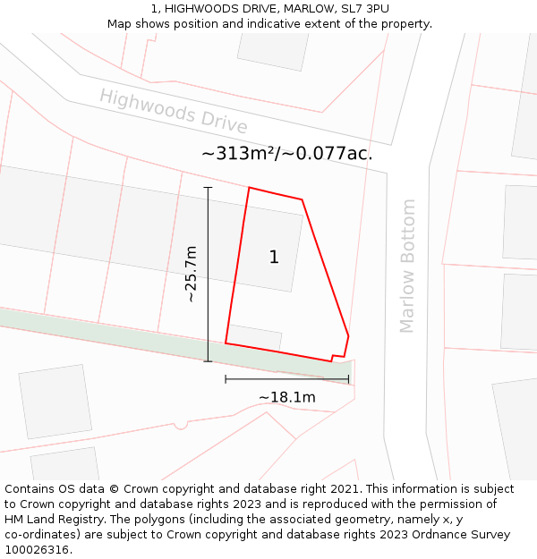 1, HIGHWOODS DRIVE, MARLOW, SL7 3PU: Plot and title map