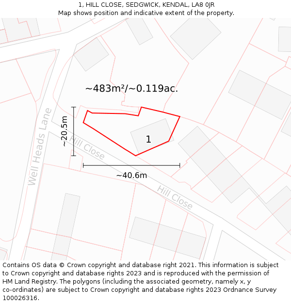 1, HILL CLOSE, SEDGWICK, KENDAL, LA8 0JR: Plot and title map