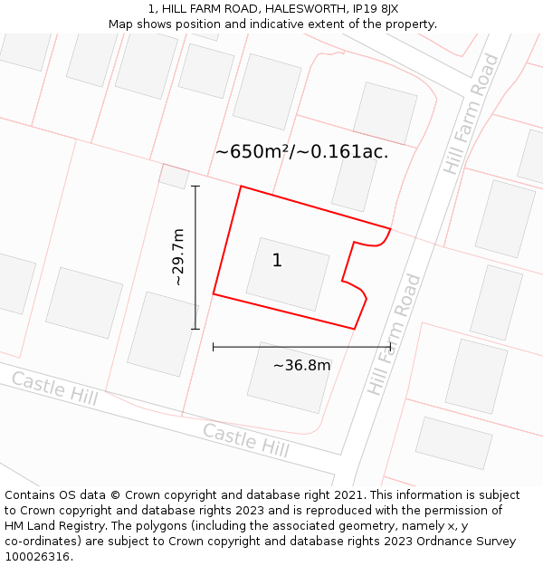 1, HILL FARM ROAD, HALESWORTH, IP19 8JX: Plot and title map