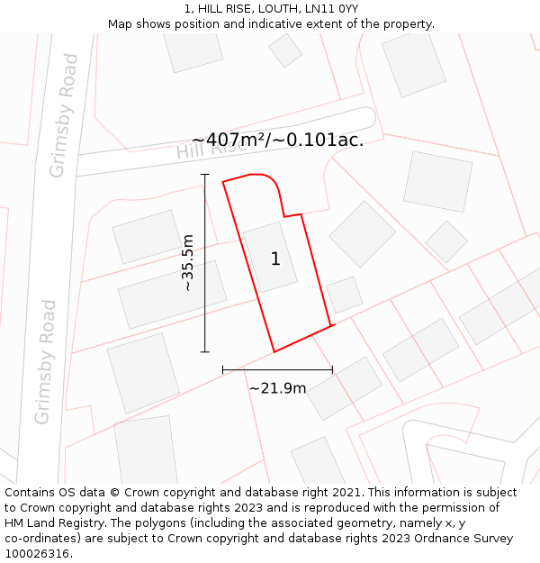 1, HILL RISE, LOUTH, LN11 0YY: Plot and title map