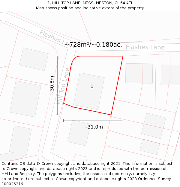 1, HILL TOP LANE, NESS, NESTON, CH64 4EL: Plot and title map