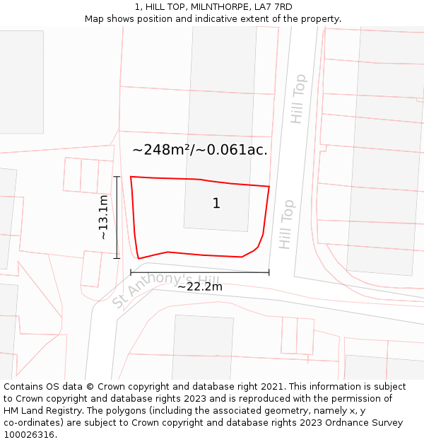 1, HILL TOP, MILNTHORPE, LA7 7RD: Plot and title map