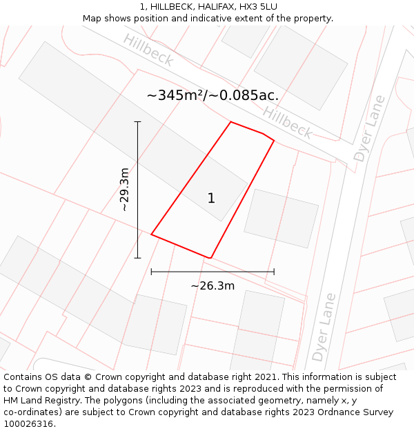 1, HILLBECK, HALIFAX, HX3 5LU: Plot and title map