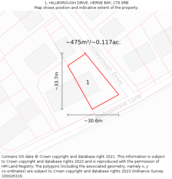 1, HILLBOROUGH DRIVE, HERNE BAY, CT6 6RB: Plot and title map