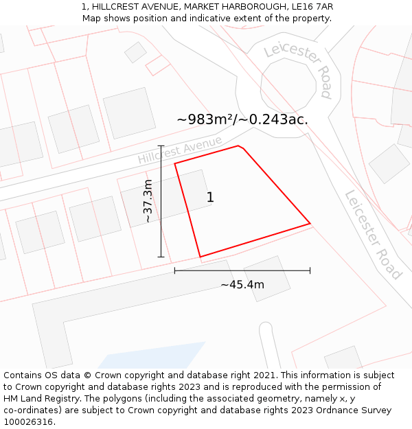 1, HILLCREST AVENUE, MARKET HARBOROUGH, LE16 7AR: Plot and title map