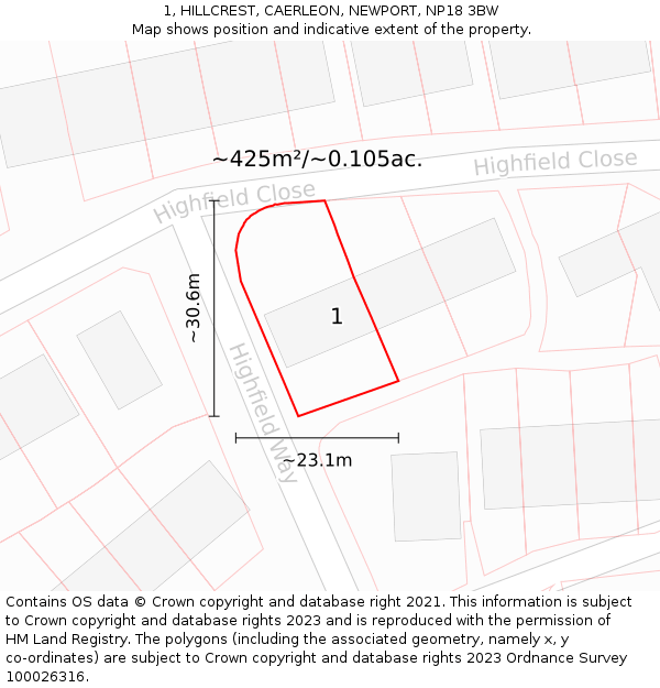 1, HILLCREST, CAERLEON, NEWPORT, NP18 3BW: Plot and title map