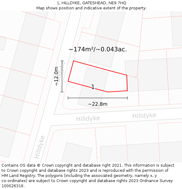 1, HILLDYKE, GATESHEAD, NE9 7HQ: Plot and title map