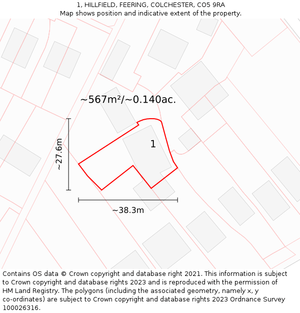 1, HILLFIELD, FEERING, COLCHESTER, CO5 9RA: Plot and title map