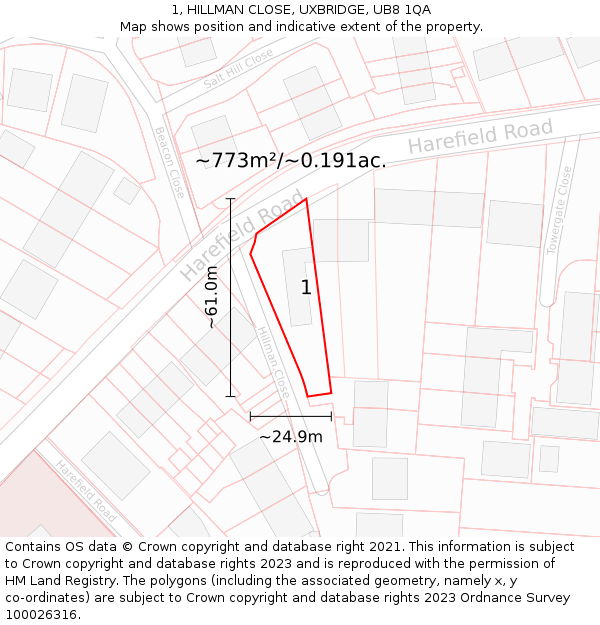 1, HILLMAN CLOSE, UXBRIDGE, UB8 1QA: Plot and title map