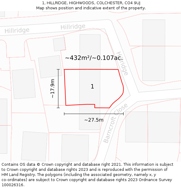 1, HILLRIDGE, HIGHWOODS, COLCHESTER, CO4 9UJ: Plot and title map