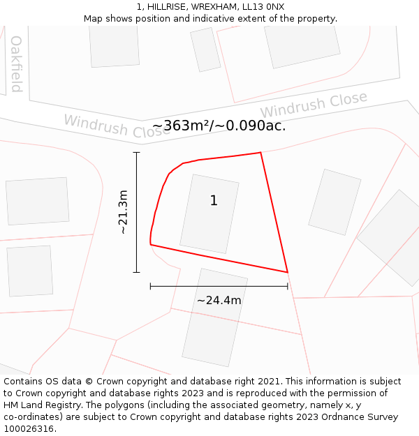 1, HILLRISE, WREXHAM, LL13 0NX: Plot and title map