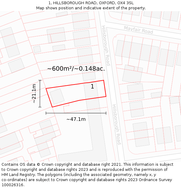 1, HILLSBOROUGH ROAD, OXFORD, OX4 3SL: Plot and title map