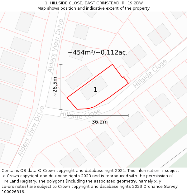1, HILLSIDE CLOSE, EAST GRINSTEAD, RH19 2DW: Plot and title map