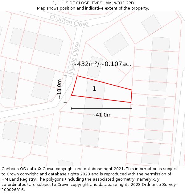 1, HILLSIDE CLOSE, EVESHAM, WR11 2PB: Plot and title map