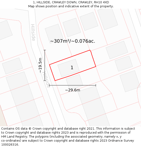 1, HILLSIDE, CRAWLEY DOWN, CRAWLEY, RH10 4XD: Plot and title map