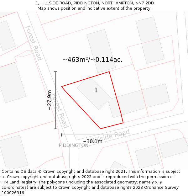 1, HILLSIDE ROAD, PIDDINGTON, NORTHAMPTON, NN7 2DB: Plot and title map