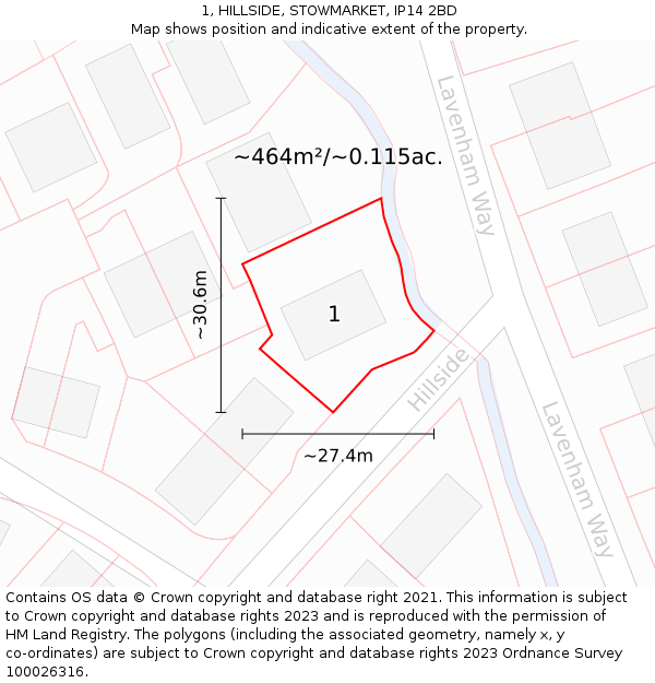 1, HILLSIDE, STOWMARKET, IP14 2BD: Plot and title map