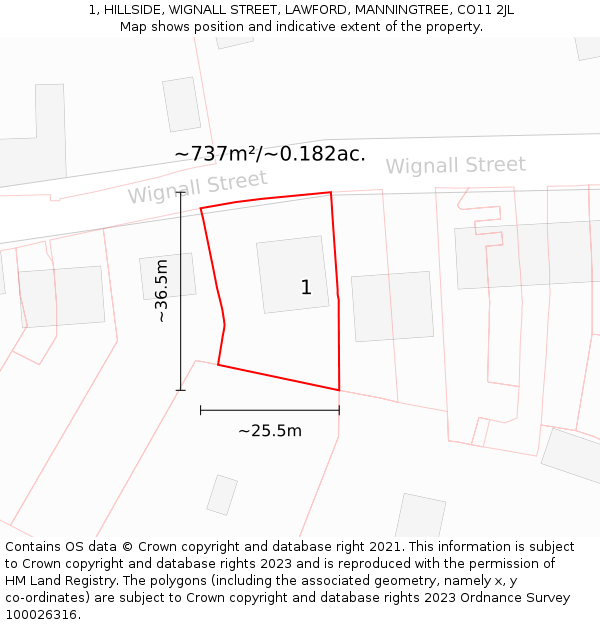 1, HILLSIDE, WIGNALL STREET, LAWFORD, MANNINGTREE, CO11 2JL: Plot and title map