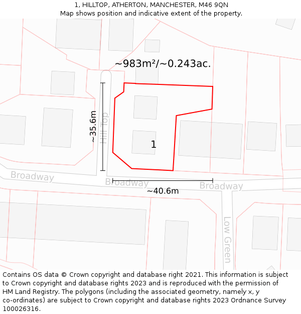 1, HILLTOP, ATHERTON, MANCHESTER, M46 9QN: Plot and title map