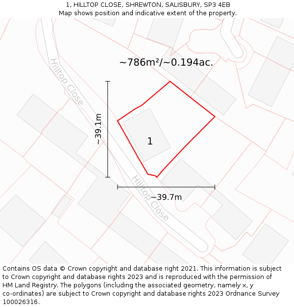 1, HILLTOP CLOSE, SHREWTON, SALISBURY, SP3 4EB: Plot and title map