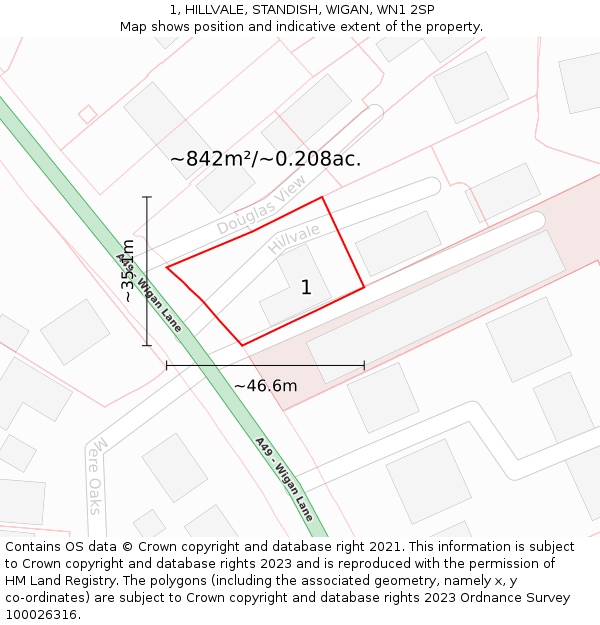 1, HILLVALE, STANDISH, WIGAN, WN1 2SP: Plot and title map