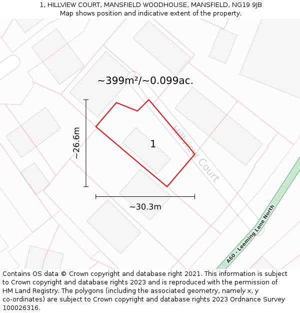 1, HILLVIEW COURT, MANSFIELD WOODHOUSE, MANSFIELD, NG19 9JB: Plot and title map