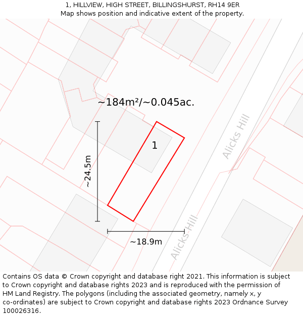 1, HILLVIEW, HIGH STREET, BILLINGSHURST, RH14 9ER: Plot and title map